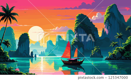 Scenic Tropical Bay at Sunset with Boat Scenic Tropical Bay at Sunset with Boat 125347000