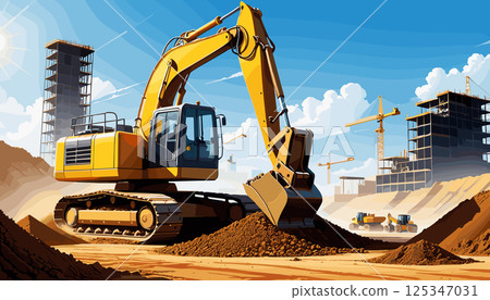 Heavy Excavator at Construction Site Under Clear Sky 125347031
