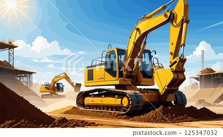 Heavy Excavator at Construction Site Under Clear Sky 125347032