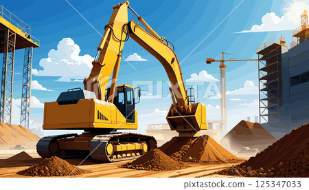 Heavy Excavator at Construction Site Under Clear Sky 125347033