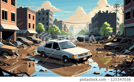 Flooded Urban Street with Damaged Buildings and Cars 125347036