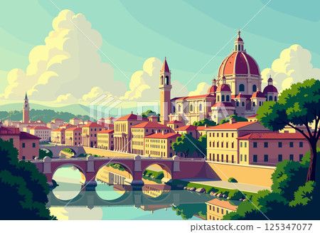 Stunning Roman Basilica and River Bridge Scene 125347077