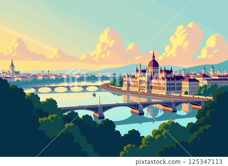Hungarian Parliament and Chain Bridge Over the Danube 125347113