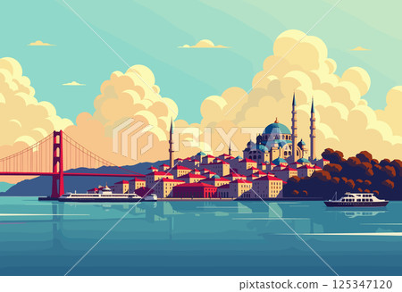 Istanbul Skyline with Mosque and Bosphorus at Sunset 125347120