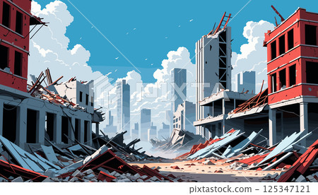 Post-Apocalyptic Cityscape with Ruined Buildings 125347121