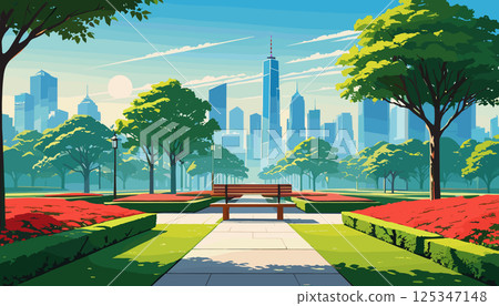 Urban Park with Benches and City Skyline 125347148