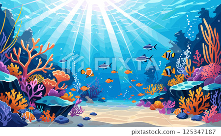 Vibrant Coral Reef with Tropical Fish Under Sunlit Ocean 125347187