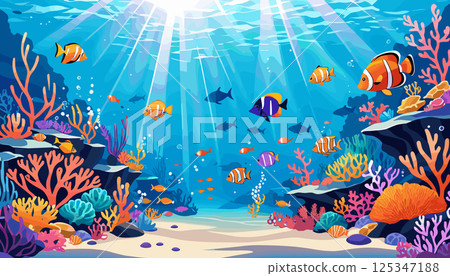 Vibrant Coral Reef with Tropical Fish Under Sunlit Ocean 125347188