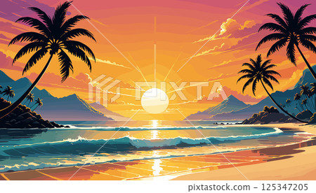 Tropical Sunset Beach with Palm Trees and Mountains 125347205
