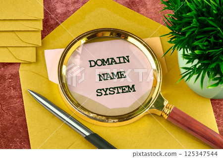 A magnifying glass focuses on the words 'Domain Name System' placed on a sheet of paper. Nearby, a pen and small plant provide a workspace setting that emphasizes the topic A magnifying glass focuses on the words 'Domain Name System' placed on a sheet of paper. Nearby, a pen and small plant provide a workspace setting that emphasizes the topic 125347544