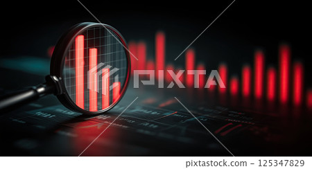 magnifying glass highlights glowing red business growth chart on dark background 125347829
