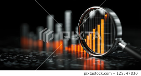 Magnifying glass highlights glowing business growth chart, symbolizing analysis and success 125347830