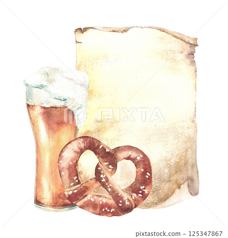 Glass of Beer with pretzel against a piece of paper. Foamy alcohol drinks and snacks beergarden menu. Germany bretzel with salt. Watercolor hand drawn illustration at Oktoberfest Isolated from 125347867