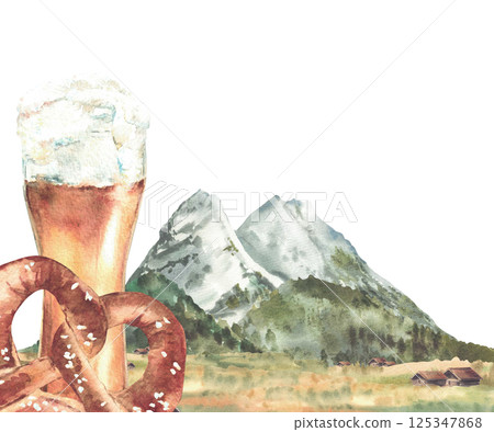 Glass of Beer with pretzel against the background of Bavarian Zugspitze. Alpine mountains landscape. Watercolor German traditional landmark. Oktoberfest drink and snack. Painted isolated illustration 125347868