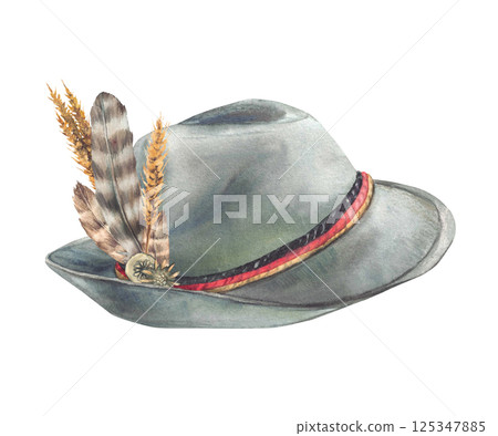 Mens Hat with feathers, spikes of malt and brooch. Traditional Headwear in Bavarian. Ribbons in color of German flag gold, red, black strips. Watercolor painted illustration isolated from background Mens Hat with feathers, spikes of malt and brooch. Traditional Headwear in Bavarian. Ribbons in color of German flag gold, red, black strips. Watercolor painted illustration isolated from background 125347885
