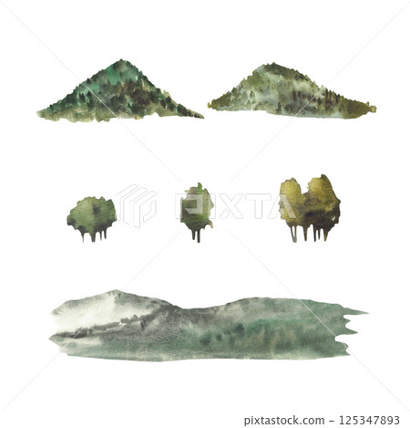 Watercolor forested mountains, hills, silhouettes of distant trees for landscape design. Green, brown nature landscape elements set. Hand drawn isolated from background illustration for card print. Watercolor forested mountains, hills, silhouettes of distant trees for landscape design. Green, brown nature landscape elements set. Hand drawn isolated from background illustration for card print. 125347893