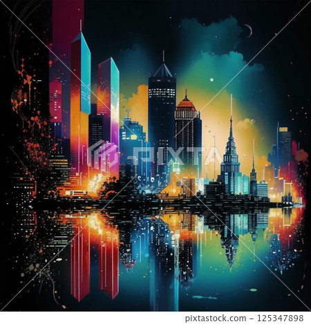 Vividly illustrated cityscape. A beautiful nighttime cityscape with various high-rise buildings and their reflection on the water. AI generated. 125347898