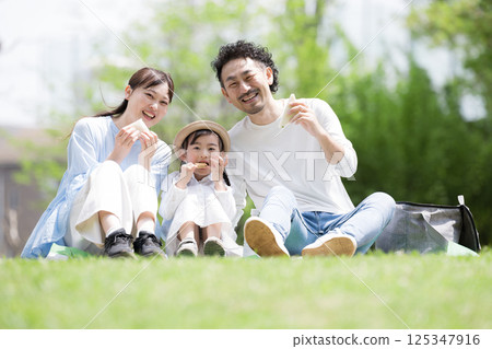 A gentle image of a family picnic on the grass amidst fresh greenery A gentle image of a family picnic on the grass amidst fresh greenery 125347916