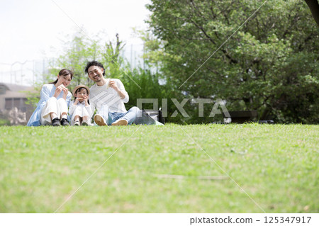 A gentle image of a family picnic on the grass amidst fresh greenery. Wide-angle. Spring/summer outings and leisure activities. A gentle image of a family picnic on the grass amidst fresh greenery. Wide-angle. Spring/summer outings and leisure activities. 125347917
