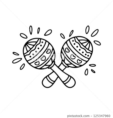Mexican Pair of maracas with decorative patterns. Hand-drawn doodle with bold lines. Perfect for music, Latin party, or cultural celebration illustrations. 125347960
