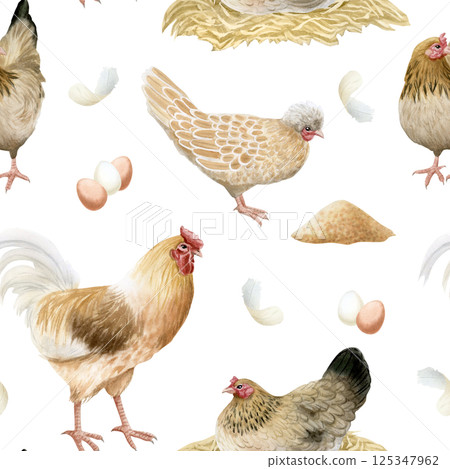 Beige chickens hens and rooster with eggs and nests watercolor seamless pattern on white. Poultry yard birds for farm animals designs. Realistic fowls repeat background for fall village designs 125347962