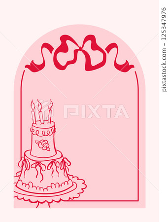 Festive birthday card template with two-tiered cake with bows ribbon. Vector doodle illustration with soft pink arch background and outline details. Coquette aesthetic style. Festive birthday card template with two-tiered cake with bows ribbon. Vector doodle illustration with soft pink arch background and outline details. Coquette aesthetic style. 125347976