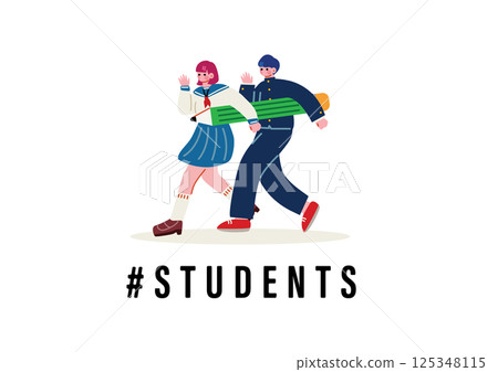 Male and female students in uniform carrying large pencils Male and female students in uniform carrying large pencils 125348115
