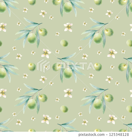 Olive branches with leaves, fruits and flowers watercolor seamless pattern on light olive color. Hand drawn botanical illustration with green olives for organic food and natural cosmetic packaging. 125348128