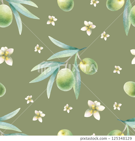 Olive branches with leaves, fruits and flowers watercolor seamless pattern on dark olive color. Hand drawn botanical illustration with green olives for healthy food and organic cosmetic packaging. Olive branches with leaves, fruits and flowers watercolor seamless pattern on dark olive color. Hand drawn botanical illustration with green olives for healthy food and organic cosmetic packaging. 125348129