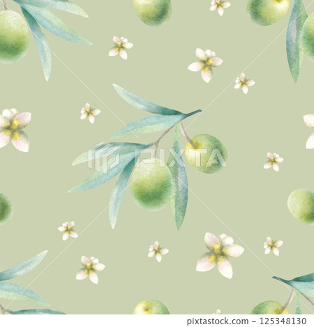 Olive branches with leaves, fruits and flowers watercolor seamless pattern on light olive color. Hand drawn botanical illustration with green olives for healthy food and organic cosmetic packaging. Olive branches with leaves, fruits and flowers watercolor seamless pattern on light olive color. Hand drawn botanical illustration with green olives for healthy food and organic cosmetic packaging. 125348130