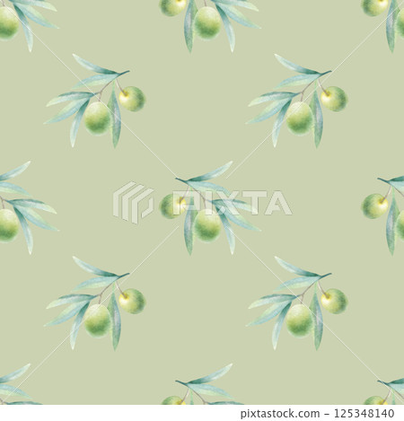 Olive branches with leaves and fruits in realistic style seamless pattern on light olive color. Hand drawn botanical greenery watercolor illustration with green olives for healthy food packaging. 125348140