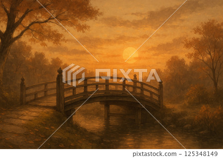 夕陽下的木橋與秋景的水彩插圖(懷舊場景) 夕陽下的木橋與秋景的水彩插圖(懷舊場景) 125348149