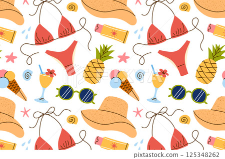Seamless summer pattern for women. Bright beach vacation mood with sun hat, bikini, sunglasses, ice cream, lemonade, sunscreen, and seashells. Flat cartoon style for textile or background Seamless summer pattern for women. Bright beach vacation mood with sun hat, bikini, sunglasses, ice cream, lemonade, sunscreen, and seashells. Flat cartoon style for textile or background 125348262