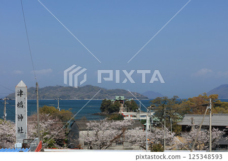 During the cherry blossom season, Tsushima Shrine, the guardian deity of children, floats on the sea in Mino Town, Mitoyo City, Kagawa Prefecture. 125348593