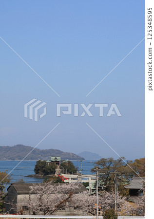 During the cherry blossom season, Tsushima Shrine, the guardian deity of children, floats on the sea in Mino Town, Mitoyo City, Kagawa Prefecture. During the cherry blossom season, Tsushima Shrine, the guardian deity of children, floats on the sea in Mino Town, Mitoyo City, Kagawa Prefecture. 125348595