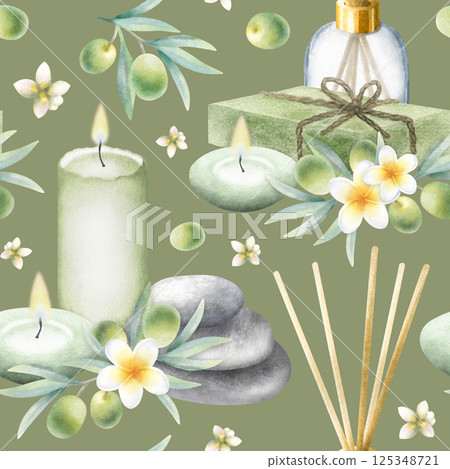 Olive soap aleppo, candle, aroma diffuser, stack pebbles, frangipani flowers and olive branches. Hand drawn watercolor seamless pattern on dark olive color for fabric, packaging and spa salon design. 125348721