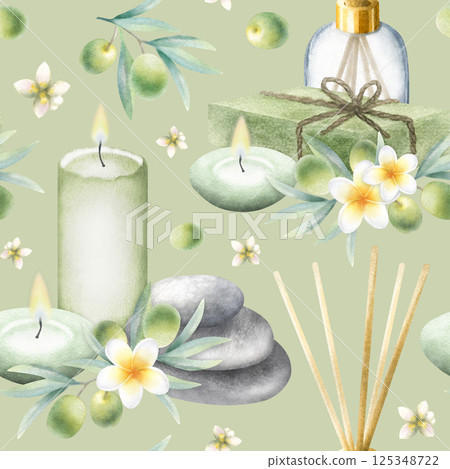Olive soap aleppo, candle, aroma diffuser, stack pebbles, frangipani flowers and olive branches. Hand drawn watercolor seamless pattern on light olive color for fabric, packaging and spa salon design. Olive soap aleppo, candle, aroma diffuser, stack pebbles, frangipani flowers and olive branches. Hand drawn watercolor seamless pattern on light olive color for fabric, packaging and spa salon design. 125348722