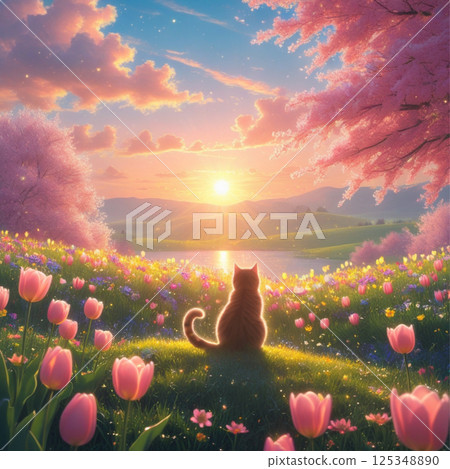 夕陽照射下的貓咪和鬱金香 125348890