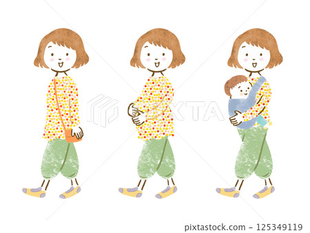 女性人生階段變化集（單身、懷孕、育兒）/可愛的手繪風格插畫 125349119