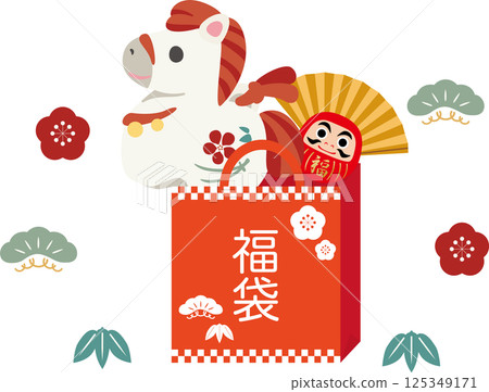 2026年新年賀卡2026年馬馬粘土鈴鐺福袋首次銷售十二生肖可愛設計插圖素材 125349171