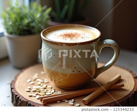 A creamy tahini latte served in a hand-thrown ceramic mug surrounded by unhulled sesame seeds and a reusable bamboo stir stick A creamy tahini latte served in a hand-thrown ceramic mug surrounded by unhulled sesame seeds and a reusable bamboo stir stick 125349233