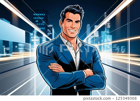 Illustration of a muscular businessman with his arms folded in a digital space 125349308