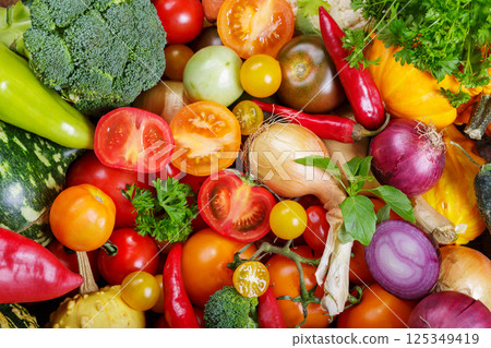mix of fresh vegetables as background, top view mix of fresh vegetables as background, top view 125349419