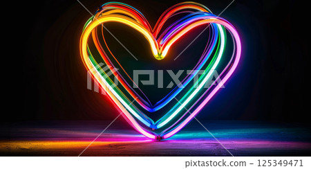 Vibrant Neon Heart Shape with Rainbow Light Trails on Dark Background for Valentine's Day Design 125349471