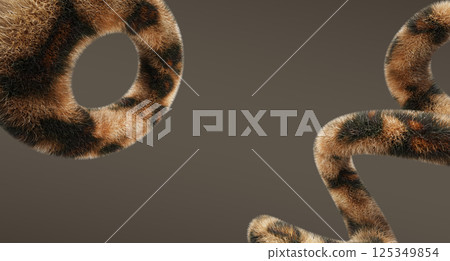 3d brown background with fluffy geometric shapes with pattern of leopard skin with spots. Abstract circle ring with wild animal fur print. Soft textile spiral line with wool texture. 3D illustration 125349854