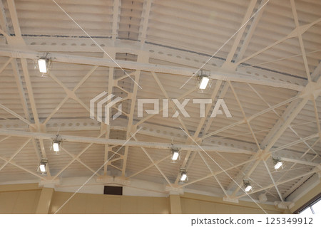 Earthquake prevention: Elementary school gymnasium with ceiling panels removed 125349912