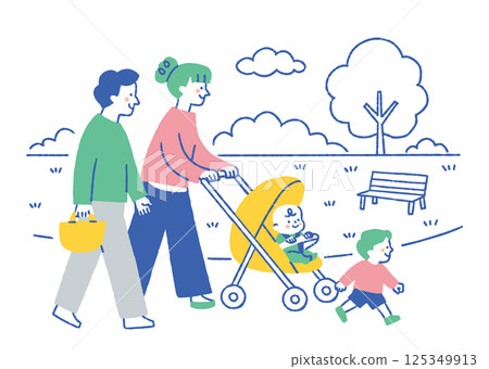 Family walking in a park pushing a stroller_Color 125349913