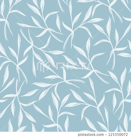 Seamless pattern with white stylized leaves on a blue background 125350072