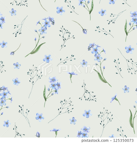 Blue delicate forget-me-not flowers and field grass. Spring botanical watercolor seamless pattern on light green background, suitable for eco-branding, packaging, wedding designs, botanical prints. Blue delicate forget-me-not flowers and field grass. Spring botanical watercolor seamless pattern on light green background, suitable for eco-branding, packaging, wedding designs, botanical prints. 125350073