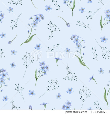 Blue delicate forget-me-not flowers and field grass. Spring botanical watercolor seamless pattern on a blue background, suitable for eco-branding, packaging, cards, wedding designs, botanical prints. Blue delicate forget-me-not flowers and field grass. Spring botanical watercolor seamless pattern on a blue background, suitable for eco-branding, packaging, cards, wedding designs, botanical prints. 125350079